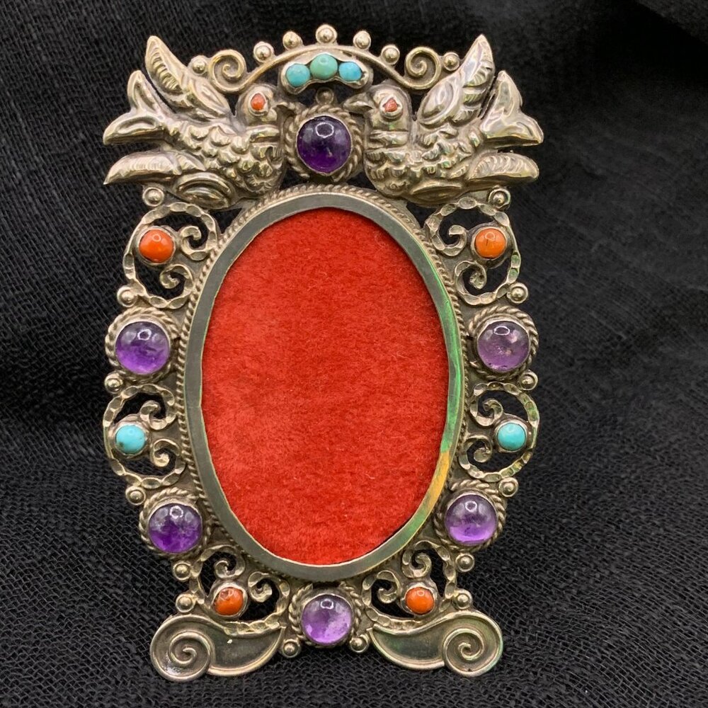 Vintage Mexican Sterling Silver Jeweled Picture Frame Taxco Matl Style J861